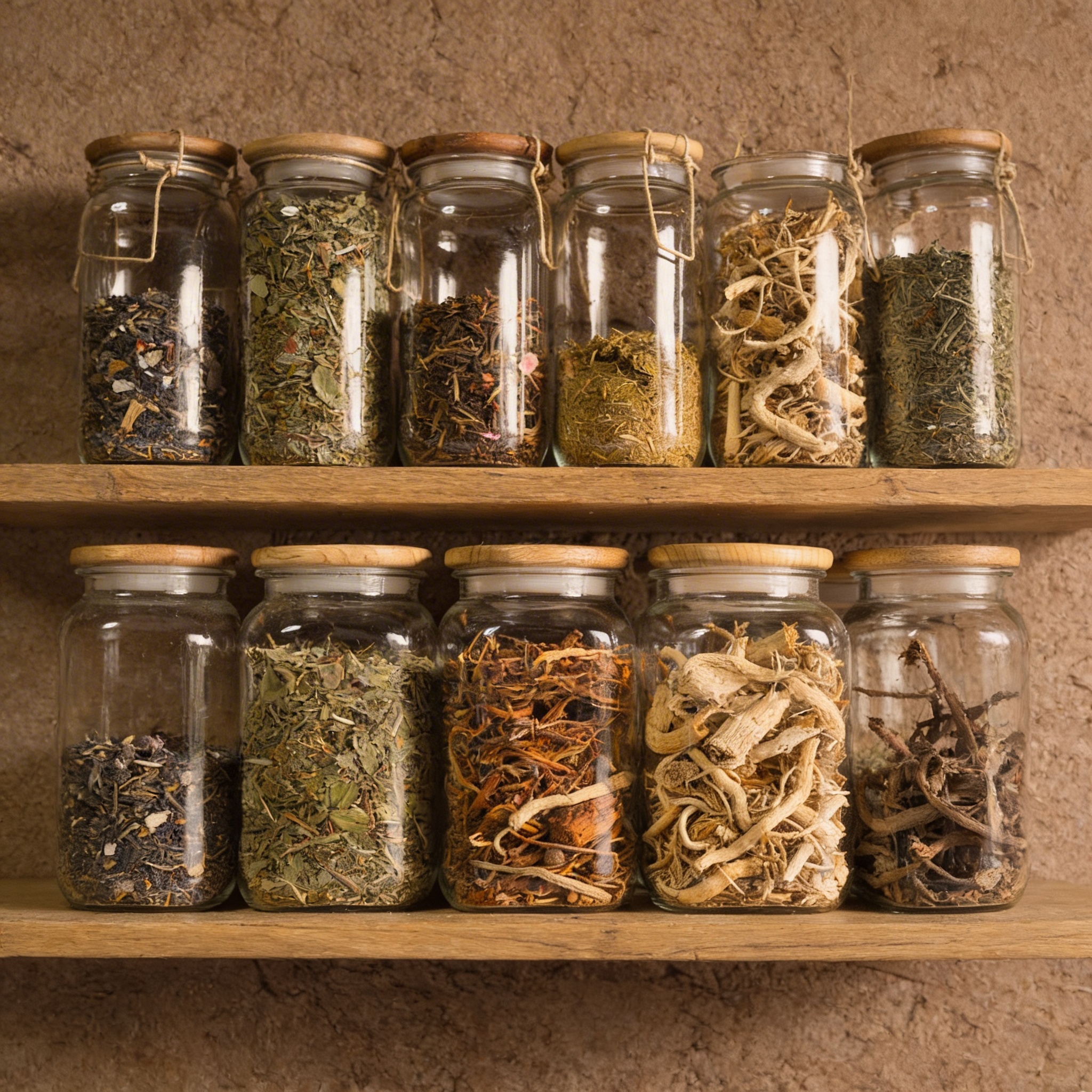 Shelves of dried herbs in glass jars